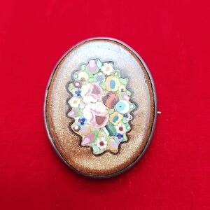 Victorian Pietra Dura Italian Gold Stone Floral Mosaic Pin Brooch